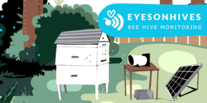 Eyesonhives feature graphic showing Scout B beehive monitor, solar panel and beehive